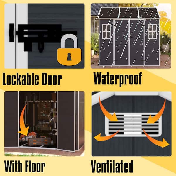 8 ft. W x 7 ft. D Resin Shed with 2-Window and Double-Door, Plastic Shed with Floor in Dark Gray (54 sq. ft. )