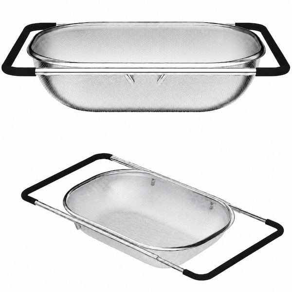 Stainless Steel Expandable Fine Mesh Over the Sink Colander with Rubber Grip, Light Black, 9.5 in. W