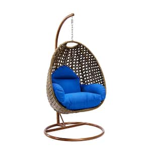Beige Wicker Indoor Outdoor Hanging Egg Swing Chair For Bedroom and Patio with Stand and Cushion in Blue