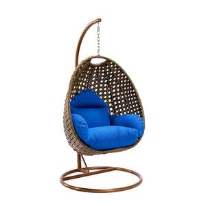 Beige Wicker Indoor Outdoor Hanging Egg Swing Chair For Bedroom and Patio with Stand and Cushion in Blue