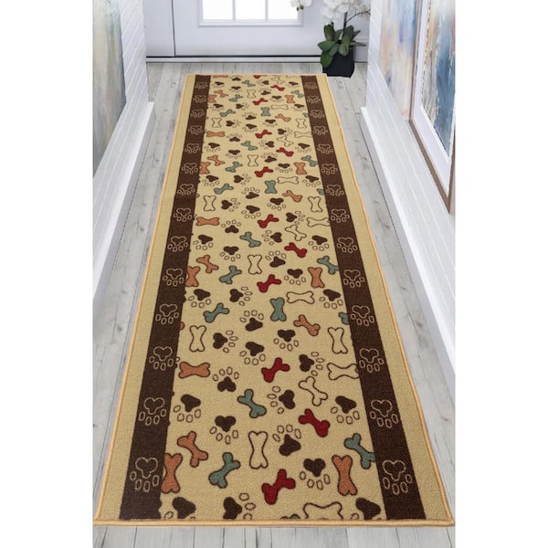 Pet Collection Bones & Paws Cut to Size Beige 26 " Width x Your Choice Length Custom Size Slip Resistant Runner Rug