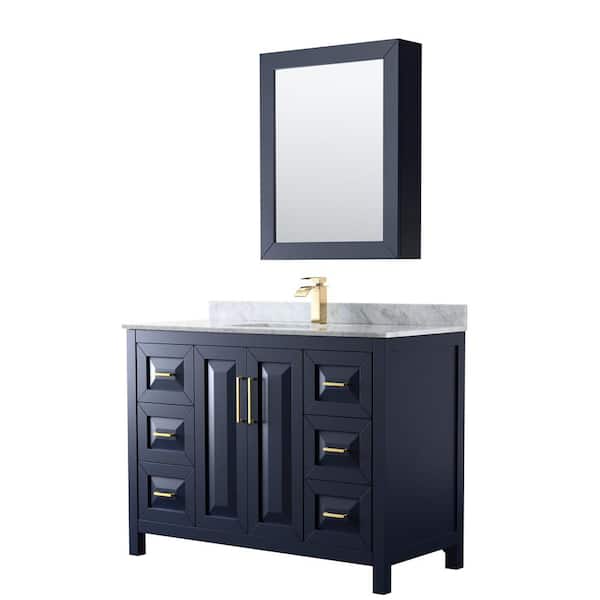 Wyndham Collection Daria 48 in. Single Vanity in Dark Blue with Marble Vanity Top in White Carrara with White Basin and MedCab Mirror