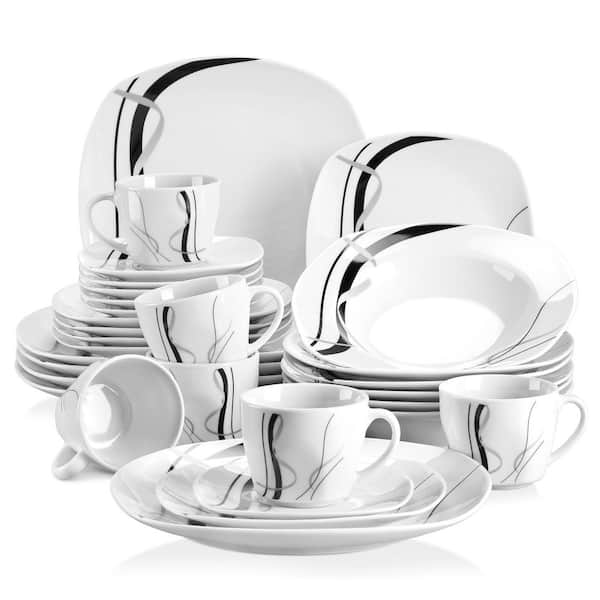 30-Piece White Porcelain Dinnerware Sets (Service for 6), Series Fiona, White Dishes Set with Black and Gray Stripes