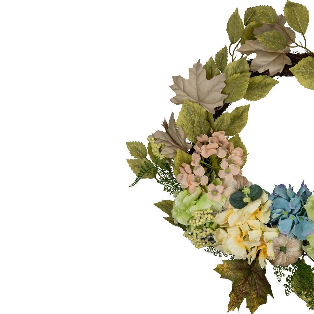 22" Green and Blue Floral and Gourds Thanksgiving Artificial Wreath