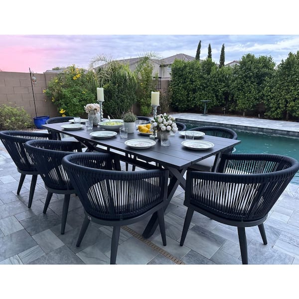 9-Piece Aluminum All-Weather Wicker Outdoor Dining Set with Cushion, Grey and Navy