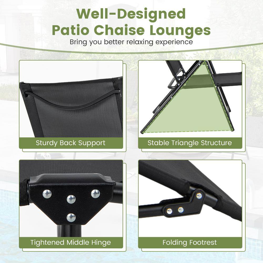 Black Iron Folding Outdoor Chaise Lounge Chairs with Breathable Fabric, Set of 2