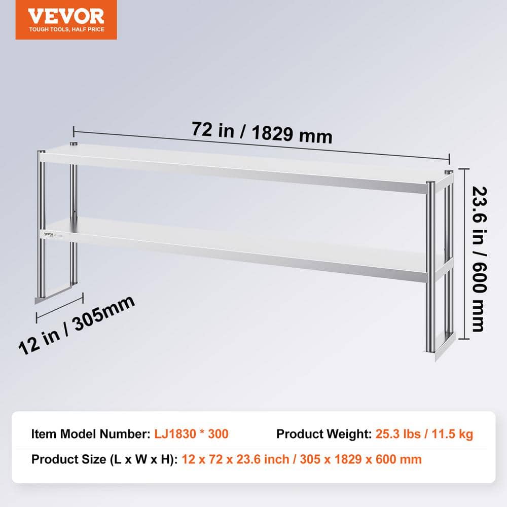 Adjustable Stainless Steel Double Tier Overshelf, 12 x 72 Inch
