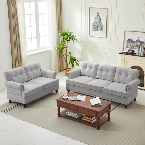 Modern 2-Piece Grey Chenille Loveseat and Sofa Living Room Set with Nailhead Trim and Rubberwood Legs