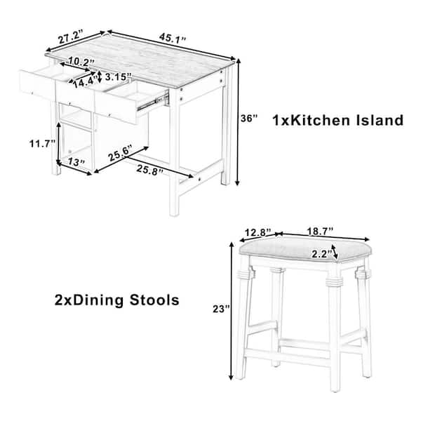 3-Piece White Rubber Wood 45 in. Kitchen Island Set with 2-Seatings for Small Places, Black BL-02