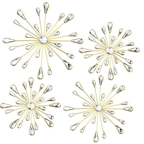 4 Pack 11.8 in. x 11.8 in. Gold Metal Starburst Wall Decor Bling Wall Art Crystal Teardrop 3D Hanging Metal Work