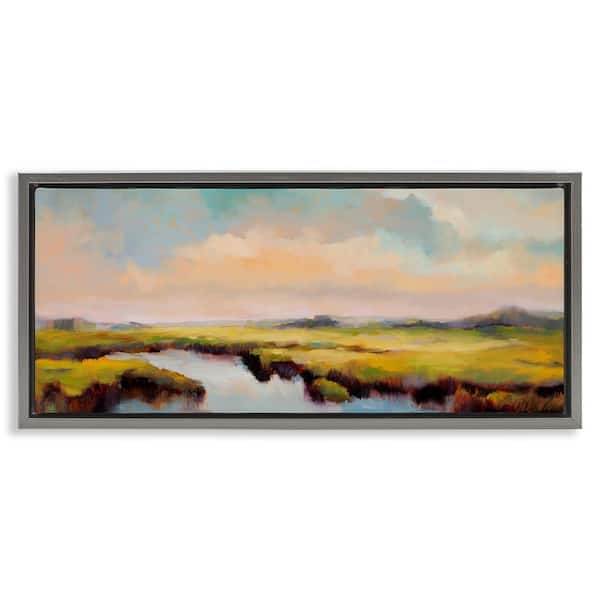 Stupell Industries Sunrise over Rural Stream by Odile Gray Floater Frame Nature Graphic Art Print 14 in. x 31 in.