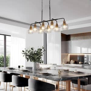 Transitional Kitchen Island Linear Chandelier 8-Light Black and Brass Chandelier with Seeded Glass Shades