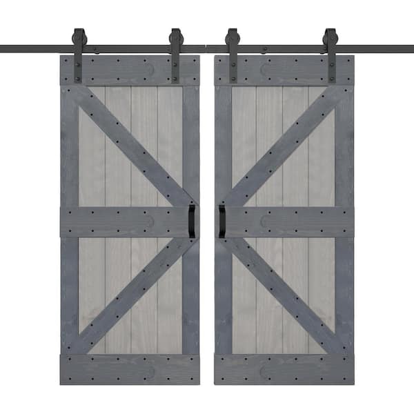 ISLIFE K Series 72 in. x 84 in. French Gray/Dark Gray Finished DIY Solid Wood Double Sliding Barn Door with Hardware Kit