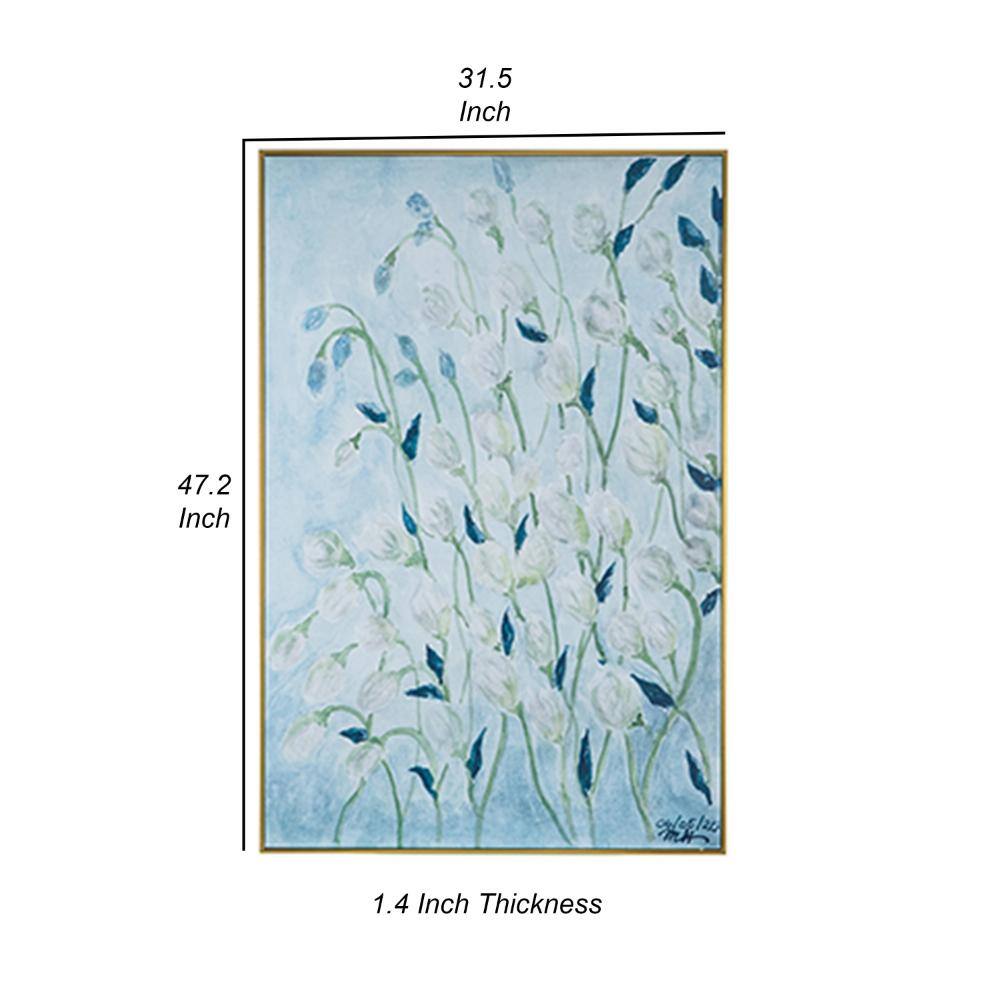 Large Blue and White Floral Canvas Painting with Brown Frame