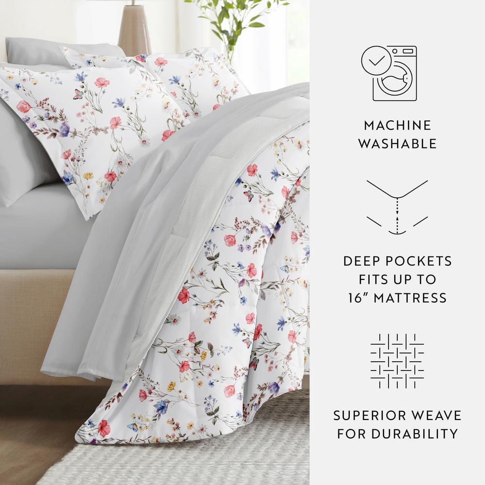 Queen Pink Floral Microfiber Reversible Comforter Set