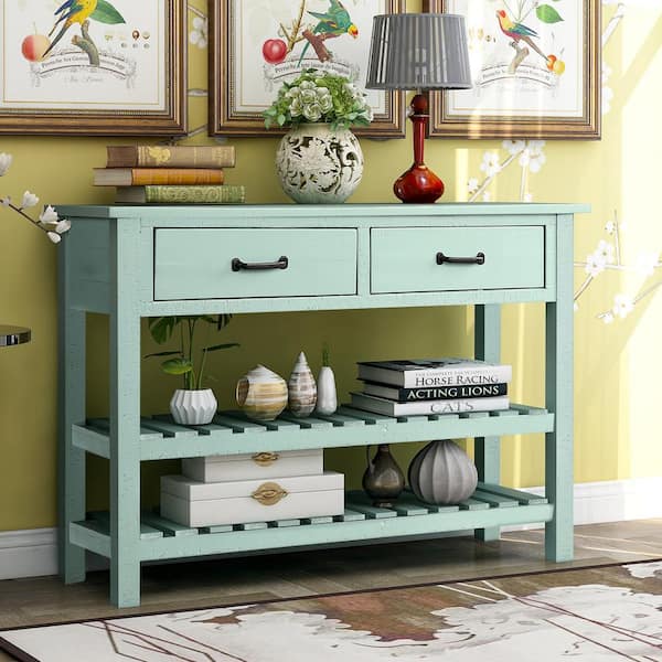 Green Rectangle Wood Console Table, Console With Shelves And Drawers