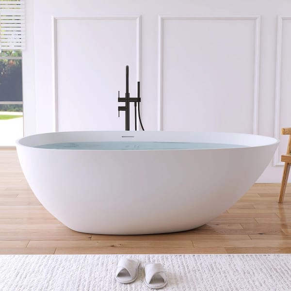 Luna 67 in. x 33 in. Stone Resin Solid Surface Matte Flatbottom Freestanding Soaking Bathtub in White