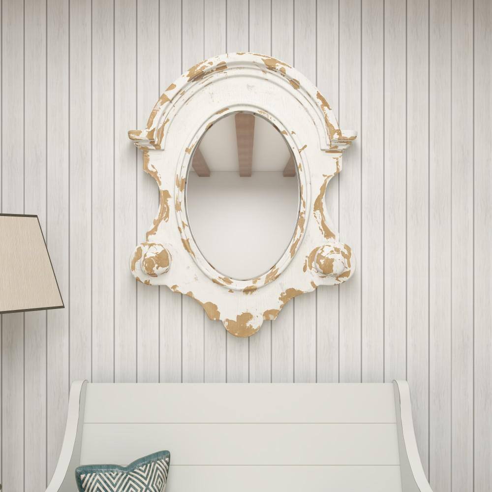 White Carved Oval Wood Wall Mirror with Arched Top