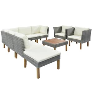 Gray 9-Piece Wicker Outdoor Patio Sectional Set Sofa Set with Beige Cushions and Wood Legs and Acacia Wood Tabletop