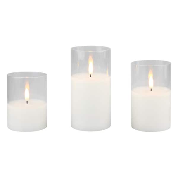 Stonebriar Collection Assorted Size Real Wax Flameless LED Candles in Clear Glass Hurricane Candle Holders (Set of 3)