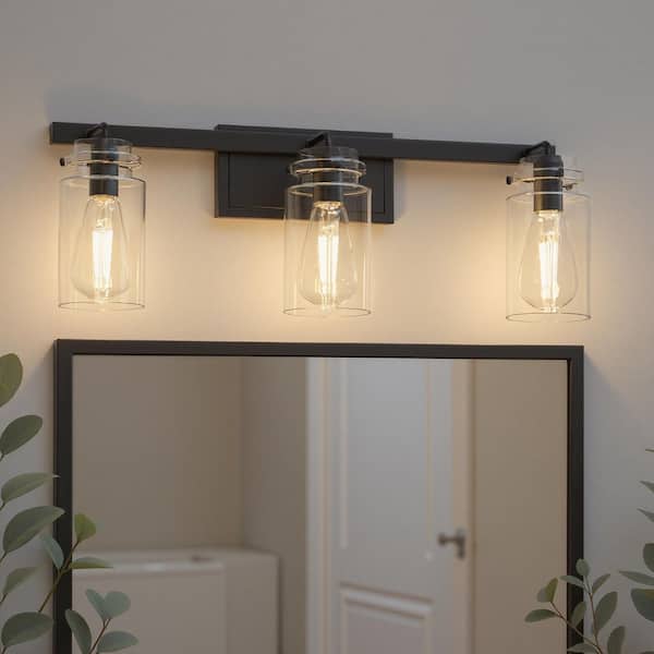 24 in. 3-Light Black Modern Cylinder Vanity Light for Bathroom Mirror with Clear Glass Shades