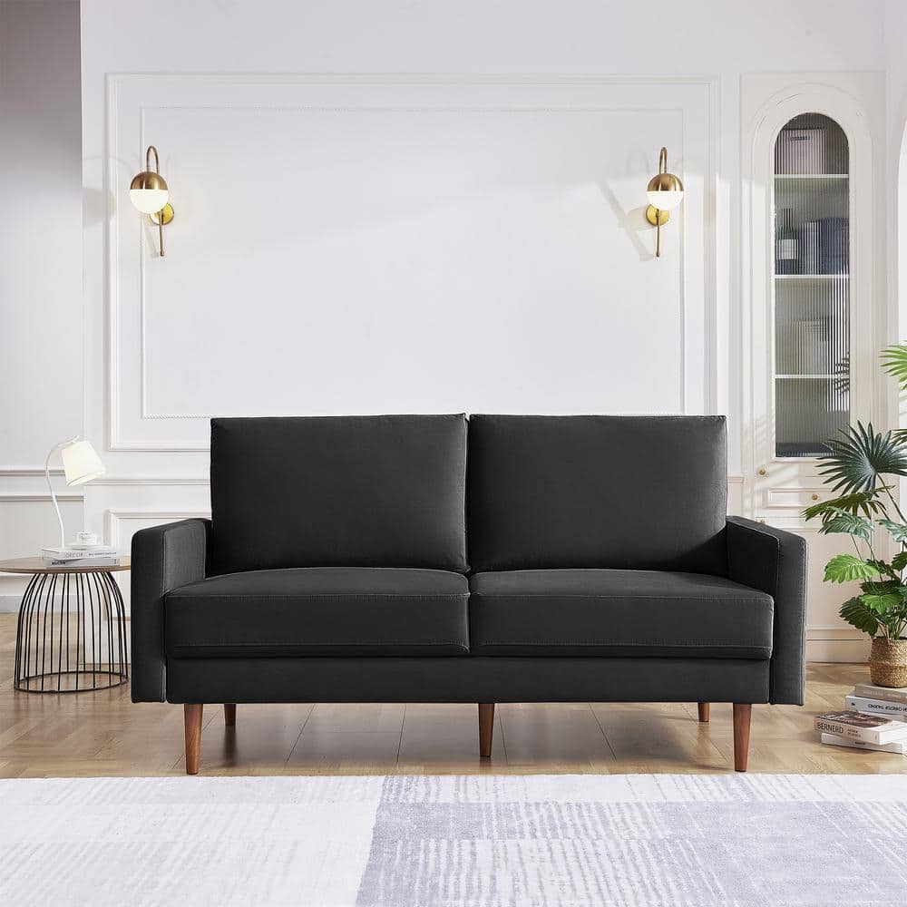 69 Inch Black Velvet Lawson Sofa with Wood Legs