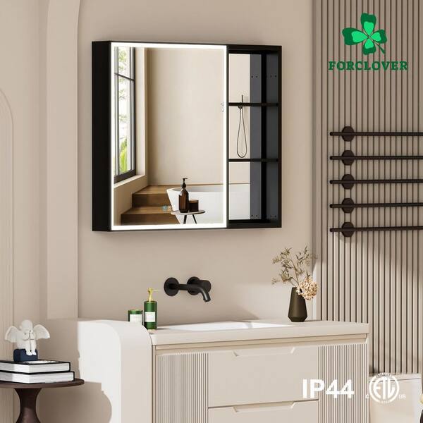 36 in. W x 30 in. H Rectangular Black Aluminum Recessed/Surface Mount LED Medicine Cabinet with Mirror and Outlet