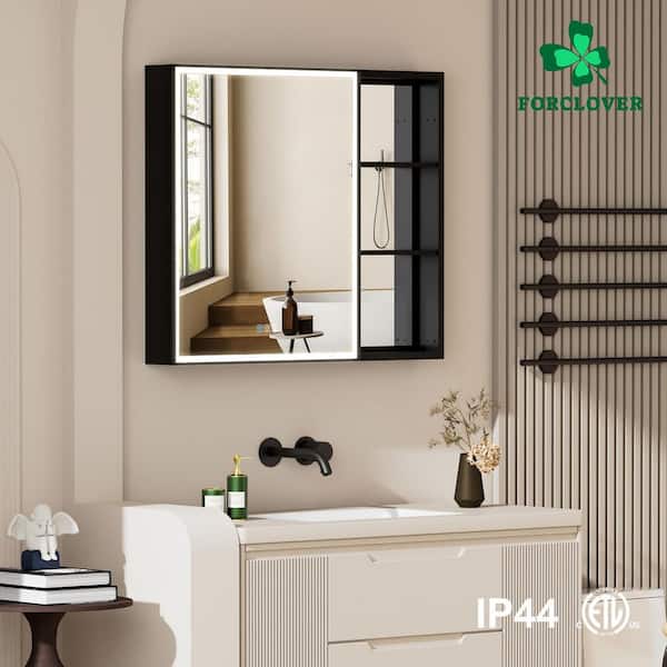 36 in. W x 30 in. H Rectangular Black Aluminum Recessed/Surface Mount LED Medicine Cabinet with Mirror and Outlet