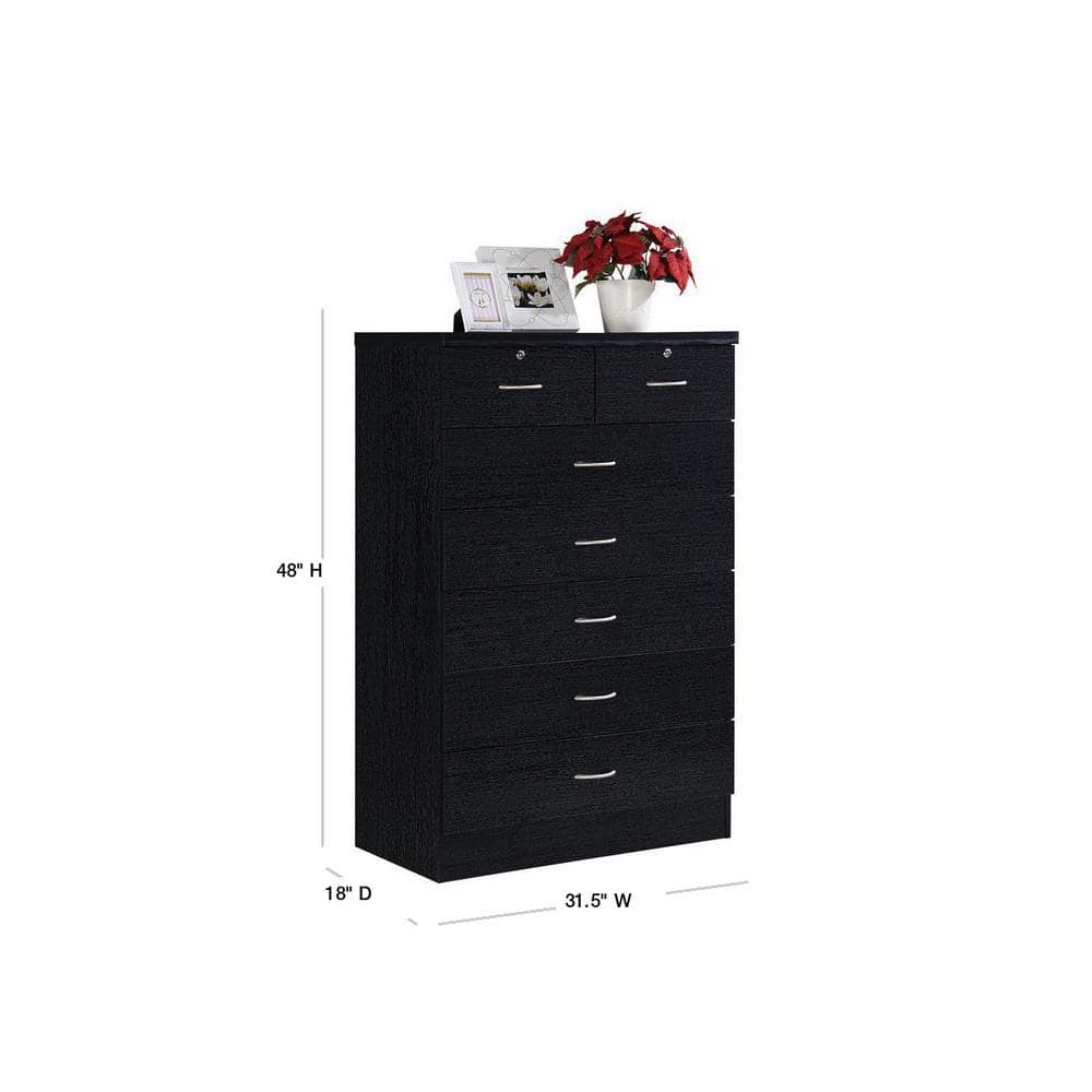 Black MDF 7-Drawer Chest with Locks and Mirror