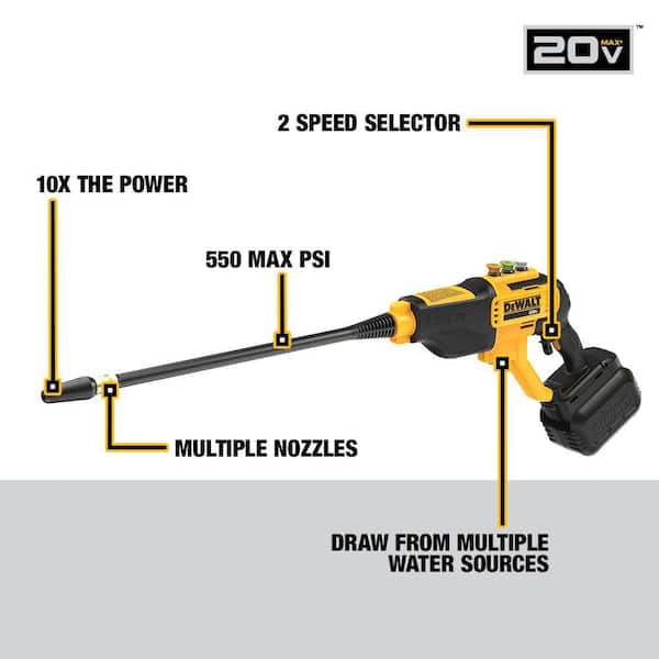 DEWALT 20V MAX 550 PSI 1.0 GPM Cold Water Cordless Electric Power Cleaner  with Nozzles, (1) 5.0 Ah Battery and Charger DCPW550P1 The Home Depot