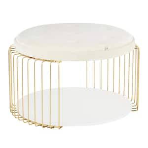 Canary 32 in. White/Gold Medium Round Wood Coffee Table with Shelf