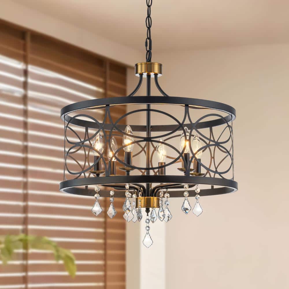 6-Light Farmhouse Black and Brass Chandelier, Modern Crystal Drum Chandelier with Adjustable Chain for Dining Room price history on PriceWatchPro