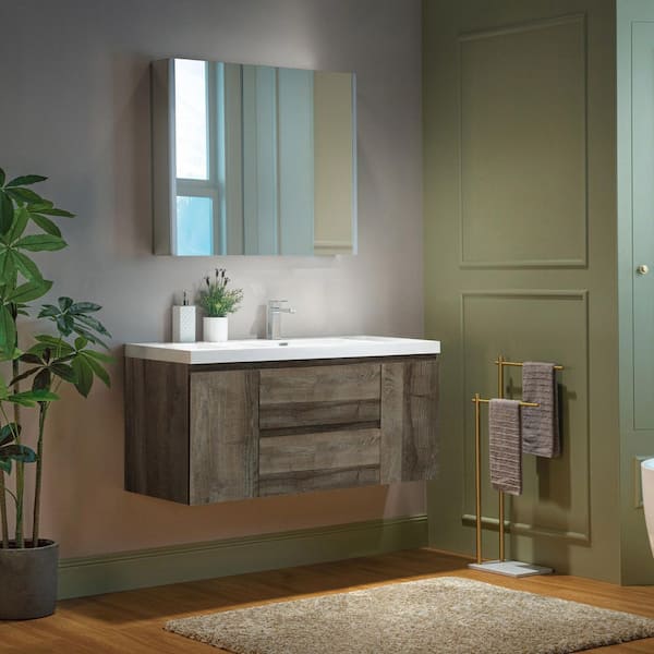 NJ 47.25 in. W x 19.63 in. D x 22.5 in. H Single Sink Floating Bath Vanity in Grey Oak with White Resin Top