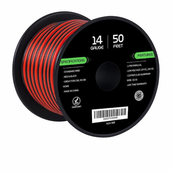 14 AWG 2 Conductor Red Black Electrical Wire 50 Ft CCA Flexible PVC Low Voltage 12V 24V DC LED Automotive