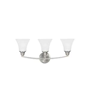 Metcalf 25 in. 3-Light Brushed Nickel Transitional Wall Bathroom Vanity Light with Satin Etched Glass Shades