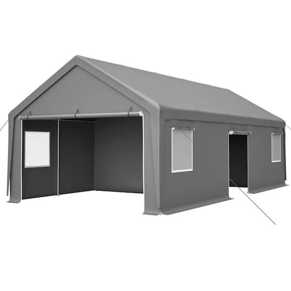 13 ft. W x 26 ft. D x 10 ft. H Gray Heavy Duty Carport Canopy with 2 Roll-Up Doors, 1 Side Door, Removable End Walls