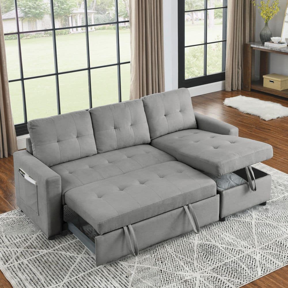 Grey 78.5 in. Reversible Polyester Full Size Sectional Sofa Bed with Storag