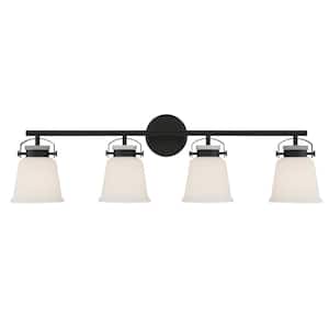 Kaden 34 in. W x 10.5 in. H 4-Light Matte Black Bathroom Vanity Light with Frosted Glass Shades