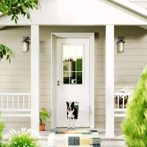 30 in. x 80 in. 9 Lite, Universal, Clear Glass, White Primed Wood Front Door Slab with Large Pet Door