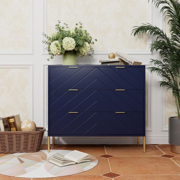 Modern Blue 3-Drawer 31.5 in. H Chest with Metal Legs MDF Storage Cabinet