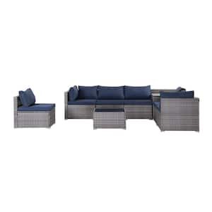 8-Piece Gray PE Wicker Patio Conversation Set with Navy Blue Cushions