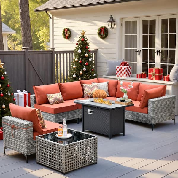 HOOOWOOO Howell 8-Piece Wicker Outdoor Patio Conversation Sofa Furniture Set with a Metal Fire Pit and Red Cushions