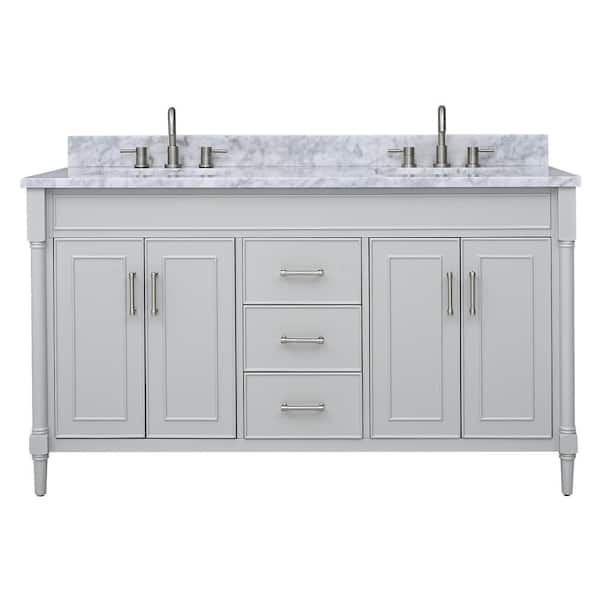 Avanity Bristol 61 in. Double Sink Light Gray Bath Vanity with Carrara White Marble Top