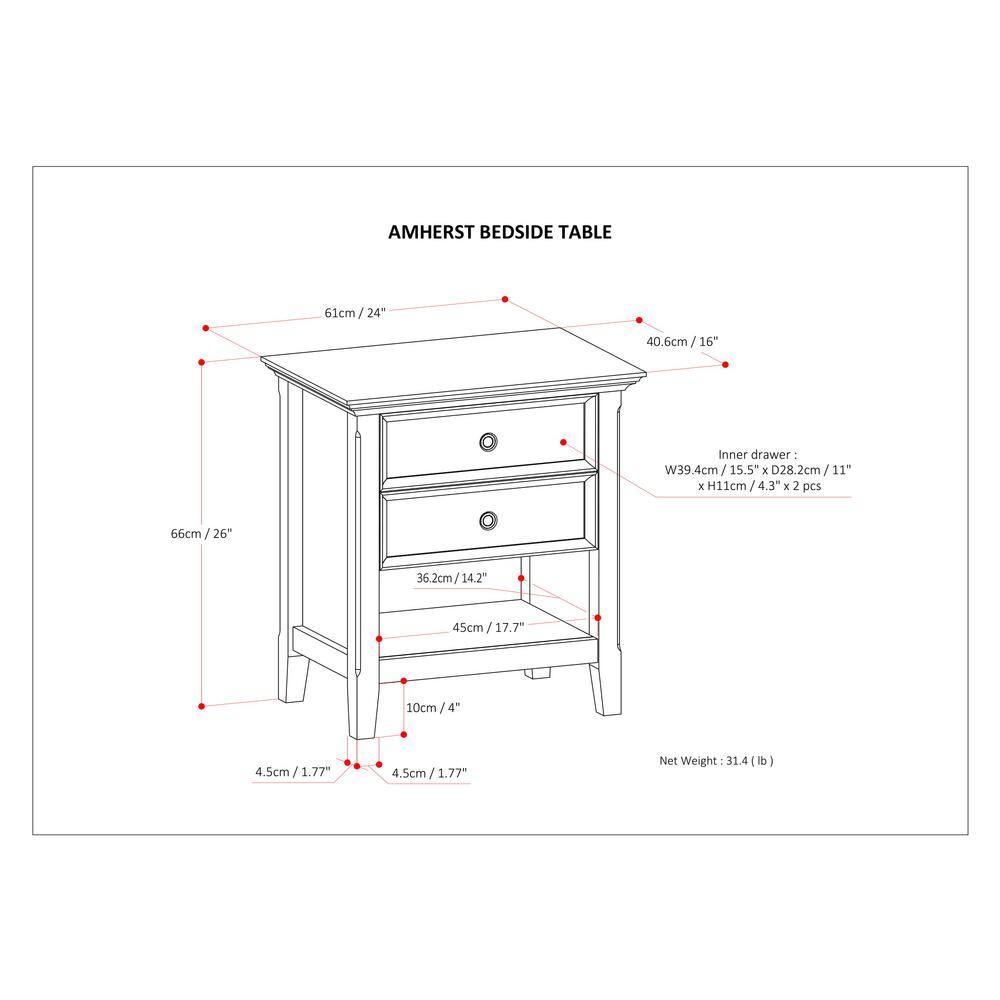 Amherst Solid Wood 2-Drawer Nightstand in Russet Brown