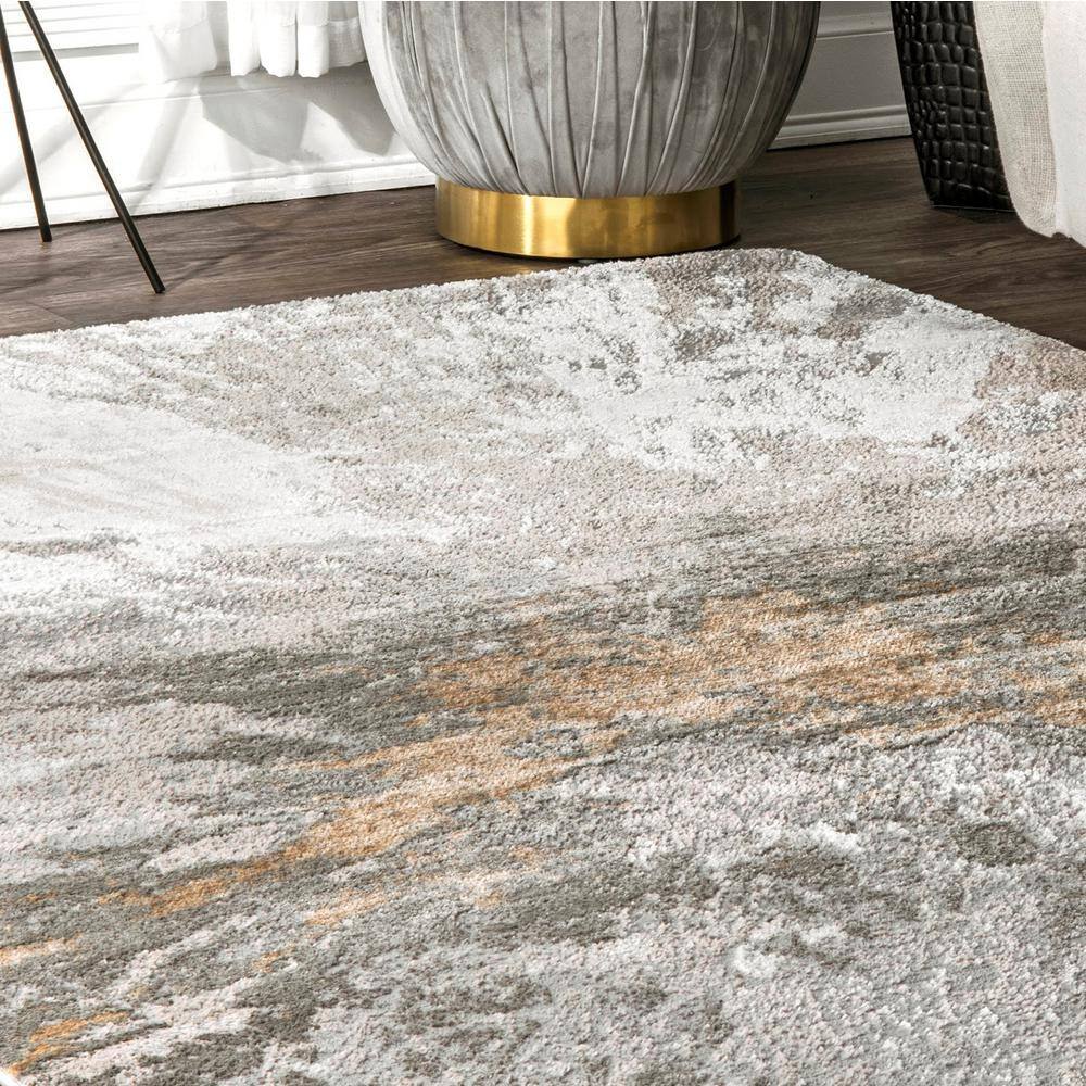 Silver and Beige Abstract Synthetic 8' x 10' Rectangular Area Rug