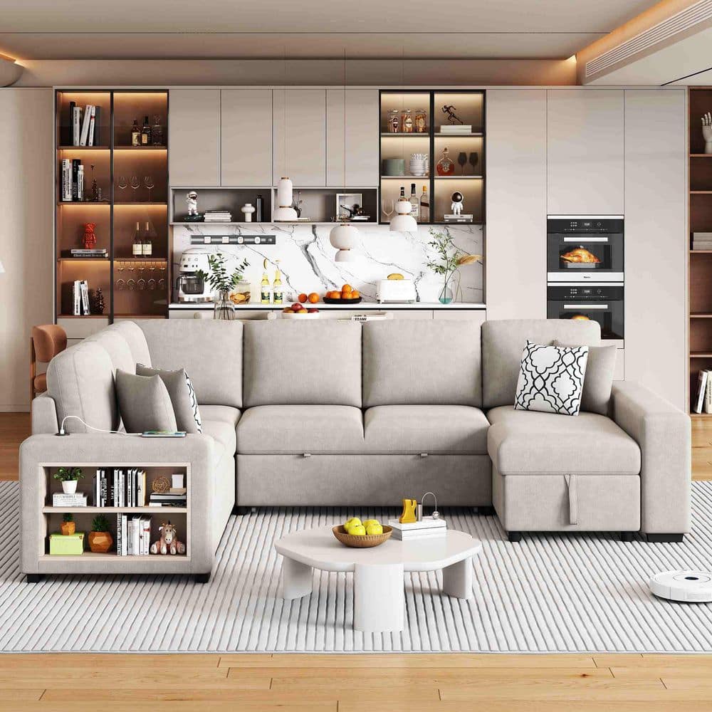 109 in. Square Arm Chenille Sectional Sofa with 2 USB Ports, a Storage Chaise Lounge and Four Back Pillows in Beige