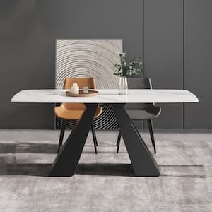 70.87 in. Rectangle White Round Edge Sintered Stone Top Pedestal Black Metal Base Dining Table (Seats 6)