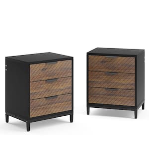 Fenley Black&Brown 3 Drawers 19.7 in. Wood Grain Nightstands Bedside Table End Table Night Stand with Storage (Set of 2)