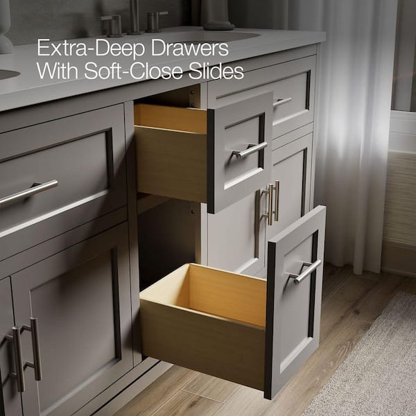 Quo 73in. Double Sink Freestanding Mohair Grey Bath Vanity with White Quartz Top Assembled