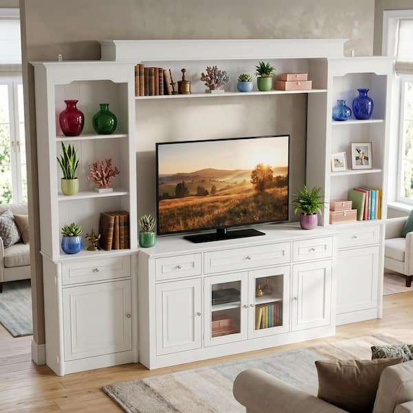 4-Piece White Wood Entertainment Center TV Stand with Tempered Glass Door TV Console, Bookshelves for TVs up to 57 in.